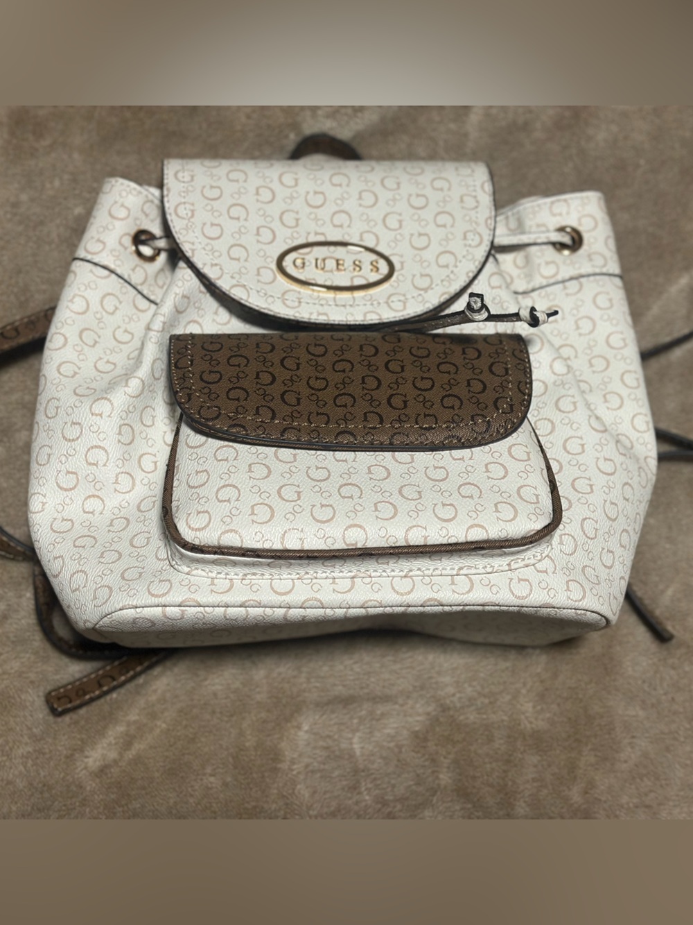 G by Guess White and Brown Monogram Drawstring Mini Backpack